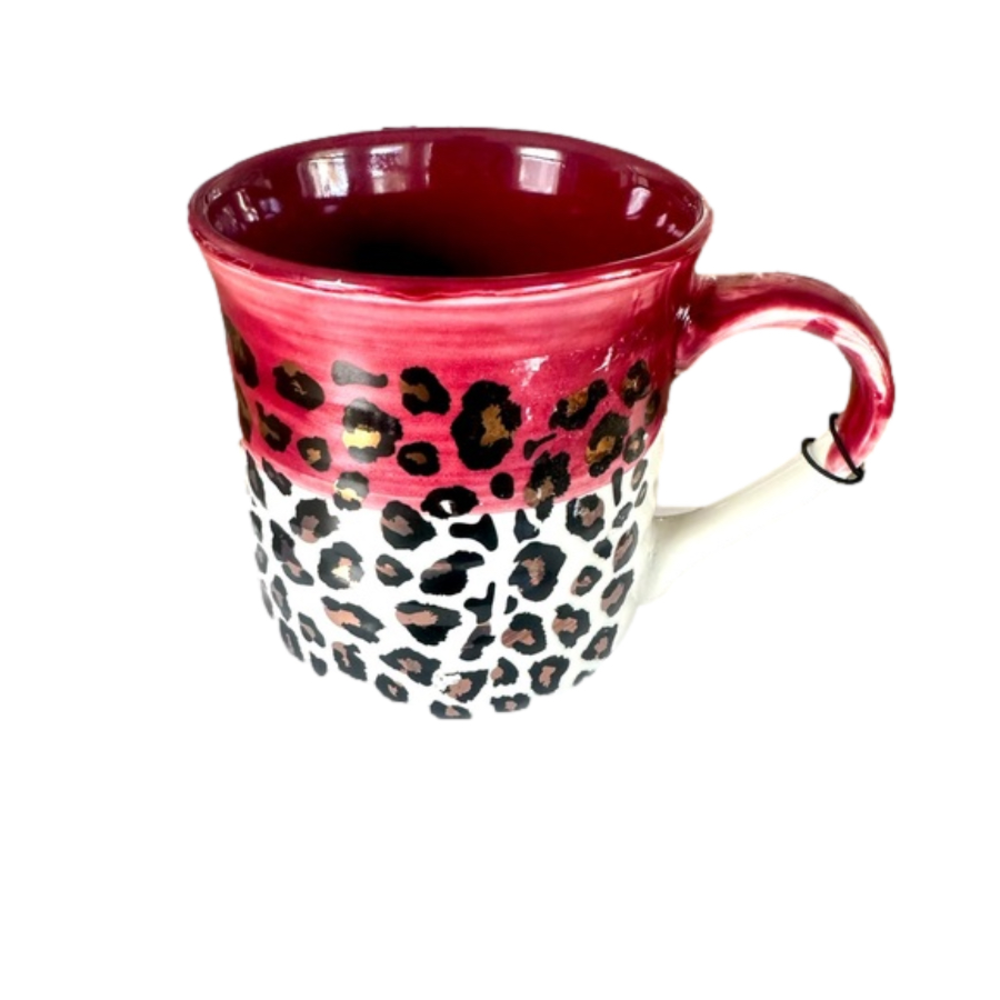 16OZ HEARTLAND HIVE mug, NWT Leopard print.  Gold, blk, wht and Brgndy.